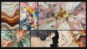 Mosaic of five paintings, including Color Explosion and Coral Dream