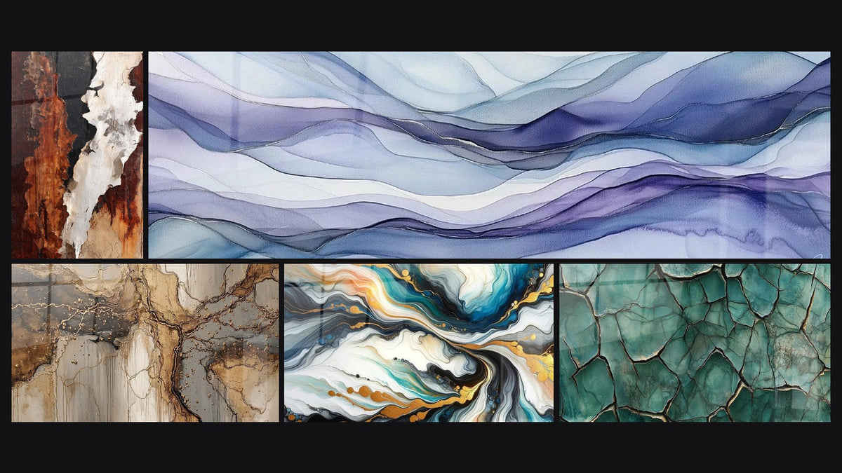 Mosaico di cinque quadri, tra cui Astratto terra e bianco con colature nere, Correnti Colorate e Drappi Onirici Pervinca