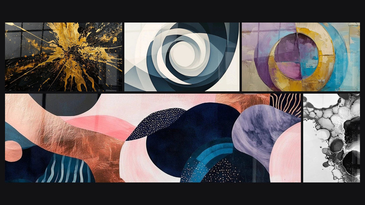 Mozaïek van vijf schilderijen, waaronder Vortex Azuur, Gekleurde concentrische cirkels en Symbiose Golvend Koraal