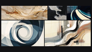Mosaic of five paintings, including Vortex Azure, Sillage Abstract and Modern Spiral Wave