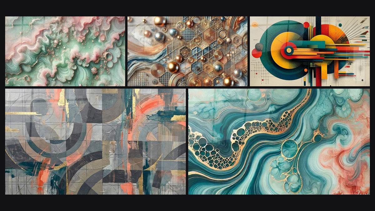 Mosaïque de cinq tableaux, dont Brume Émeraude, Cercles gris et corail entrelacés et Mosaïque de Cuivre