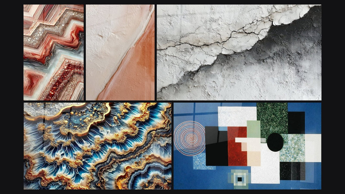 Mosaico de cinco cuadros, entre ellos Fusión Geométrica, Marea Dorada y Composición Geométrica Orden Racional