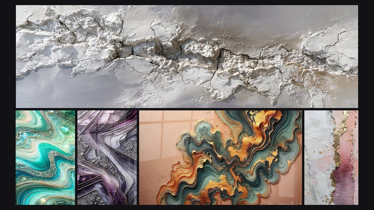 Mosaico de cinco cuadros, entre ellos Olas Cristalinas, Lámparas de Cuarzo y Ola de Cobre