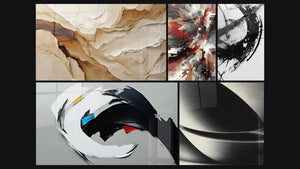 Mosaico de cinco cuadros, entre ellos Abstracto Beige y Tierra, Ruido Dinámico Explosivo y La Fractura del Tiempo
