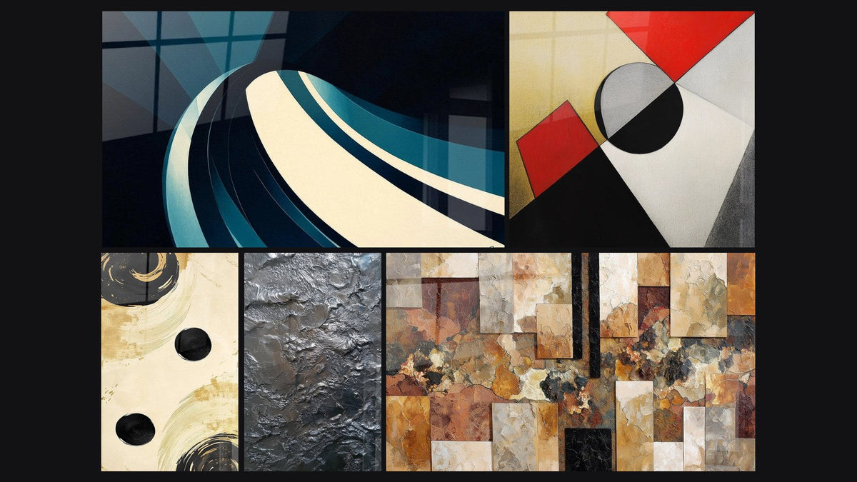 Mosaik aus fünf Gemälden, darunter Gleichgewicht Sphäre Schwarz und Geometrisches Formenmuster
