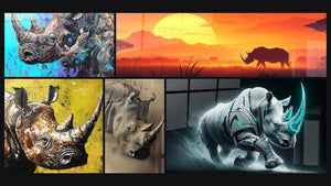Mosaic of five paintings, including Rhinoceros Savanna Echoes, Rhinoceros Colossus Quiet and Rhinoceros Fragile Titan