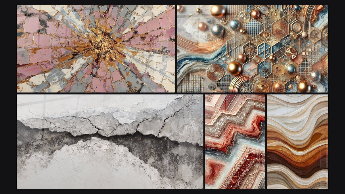 Mosaik aus fünf Gemälden, darunter Rosa-Gold-Explosion mit Strahlzentrum, Kupfer-Mosaik und Fließende Wellen Erde und Kupfer