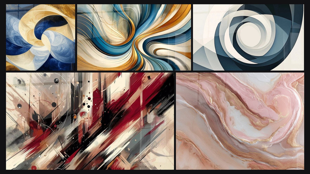 Mosaico di cinque quadri, tra cui Respiro Divino Bianco, Turbulenza Artistica e Spirali Eleganti