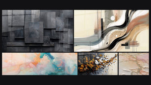 Mozaïek van vijf schilderijen, waaronder Abstract geometrisch grijs kolen zwart, Abstract Zilt en Roze Zwevende Cumuluswolken