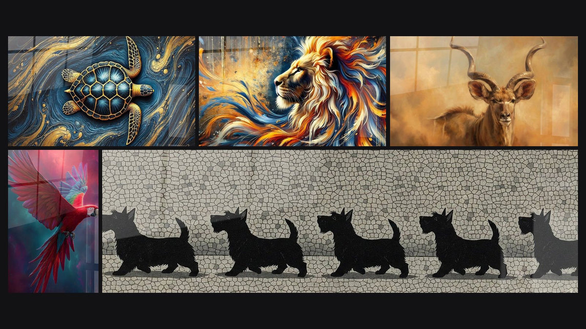Mosaic of five paintings, including Ocean Guardians, Savage Flame and Red Parrot with Outstretched Wings