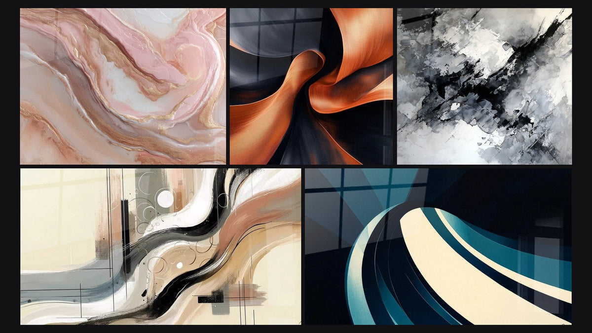 Mosaico de cinco cuadros, entre ellos Impulso Escultural en Cobre, Sillage Abstracto y Onda espiral moderno