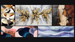 Mosaic of five paintings, including Interlaced Circular Shapes, Undulating Symbiosis Coral and Dreamy Scrolls Periwinkle