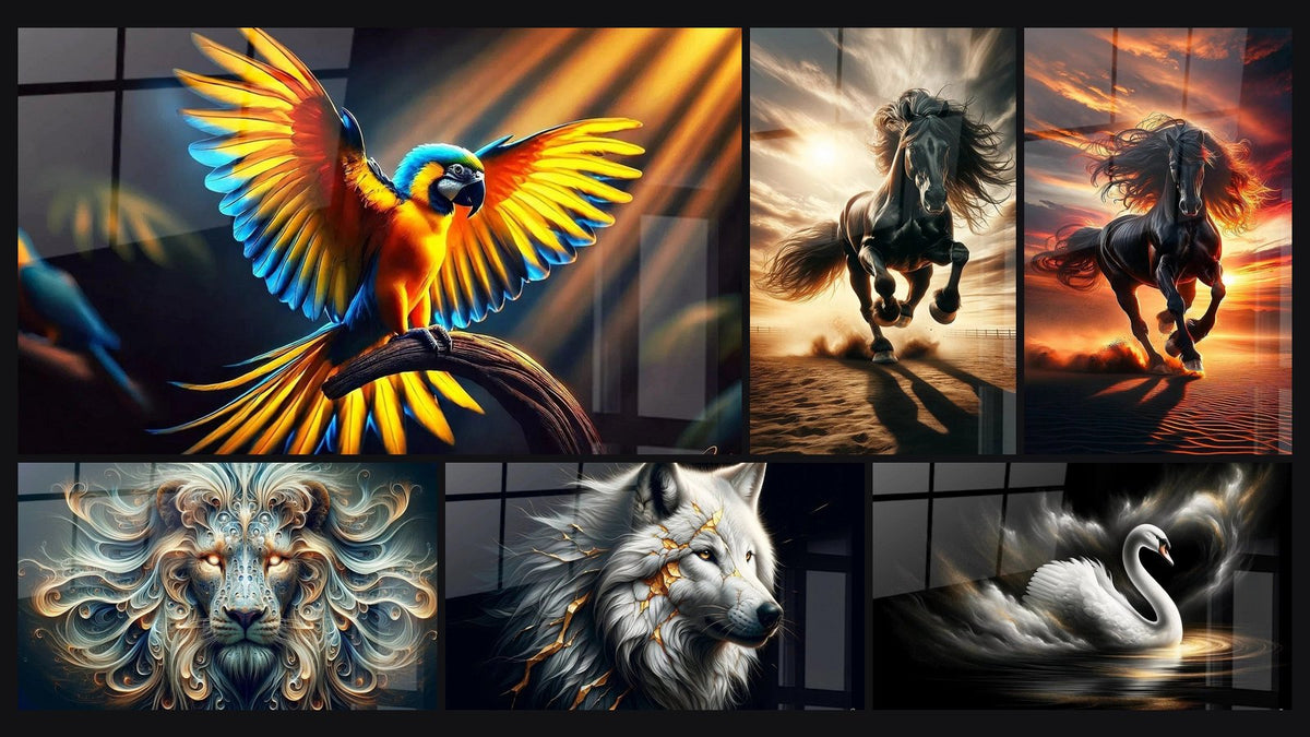 Mosaïque de six tableaux, dont L’Envol du Feu, Souverain Mystique des Vents et Sagesse du Loup Immortel