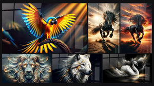 Mosaic of six paintings, including The Flight of Fire, Mystic Sovereign of the Winds and Wolf Wisdom Immortal