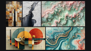 Mosaico de cinco cuadros, entre ellos Grieta Glaciar Gris y Negro, Geométrico Revolución Circular y Bruma Esmeralda