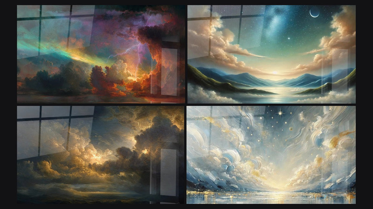 Mosaïque de quatre tableaux, dont Orage dramatique, Ciel orageux dramatic et Rêverie Nocturne