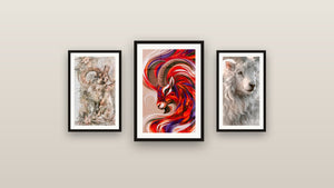 Gallery wall with three framed paintings, including Bélier Ivory and Beige Fleece Winter