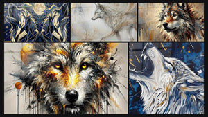 Mosaic of five paintings, including The Spirit of the Wind, The Howler's Eye and King of the Wild Lands