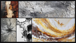 Mosaic of five paintings, including Bubble Abstract and Gray and Silvered Mineral Abstract Texture