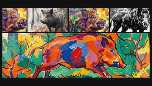 Mosaic of five paintings, including Black and White Wild Boar Expressionist