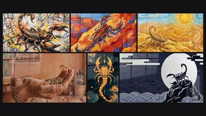 Mosaic of six paintings, including Golden Scorpion Wall Art on Swirling Dunes