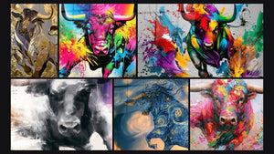 Mosaic of six paintings, including Black Bull with Purple Horns