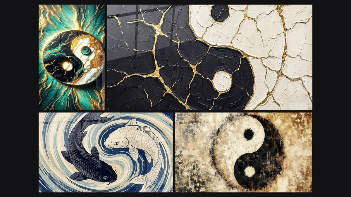 Mosaïque de quatre tableaux, dont Équilibre et Fusion des Énergies