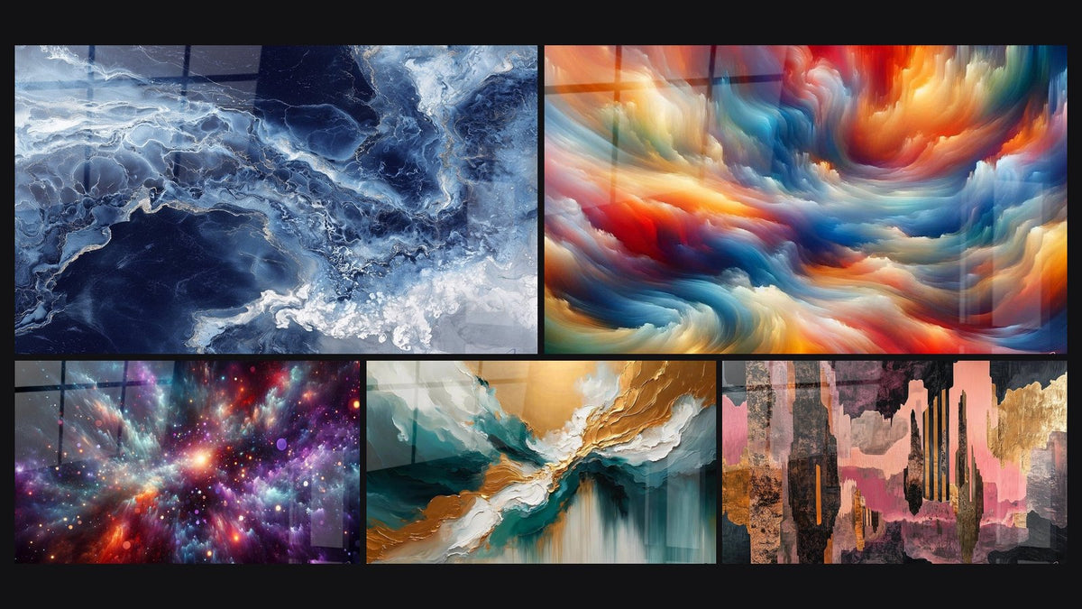 Mosaico di cinque quadri, tra cui Sfumature Blu e Venature Dorate Fluide e Sinfonia dei Colori in Fusione