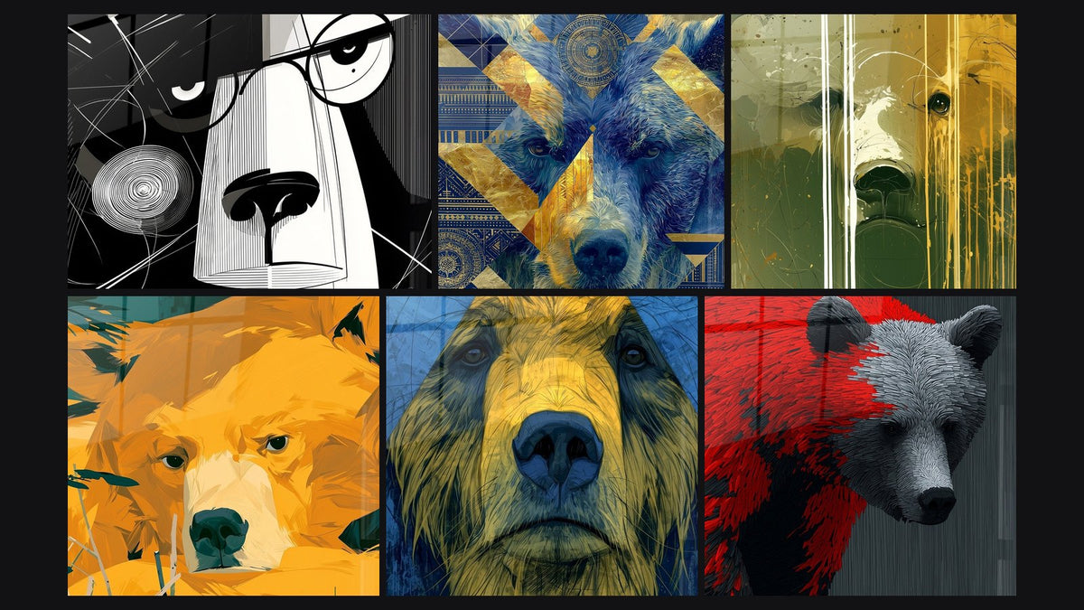 Mosaïque de six tableaux, dont Ours mi-noir mi-blanc à lunettes rondes et Ours doré aux herbes sauvages