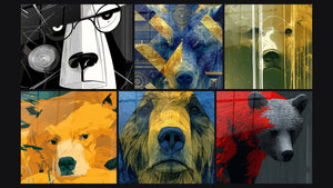 Mosaic of six paintings, including Golden Bear with Wild Herbs and Blue and Gold Geometric Bear