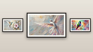 Gallery wall with three framed paintings: Flower and Feather, Dawn Flight and Nature