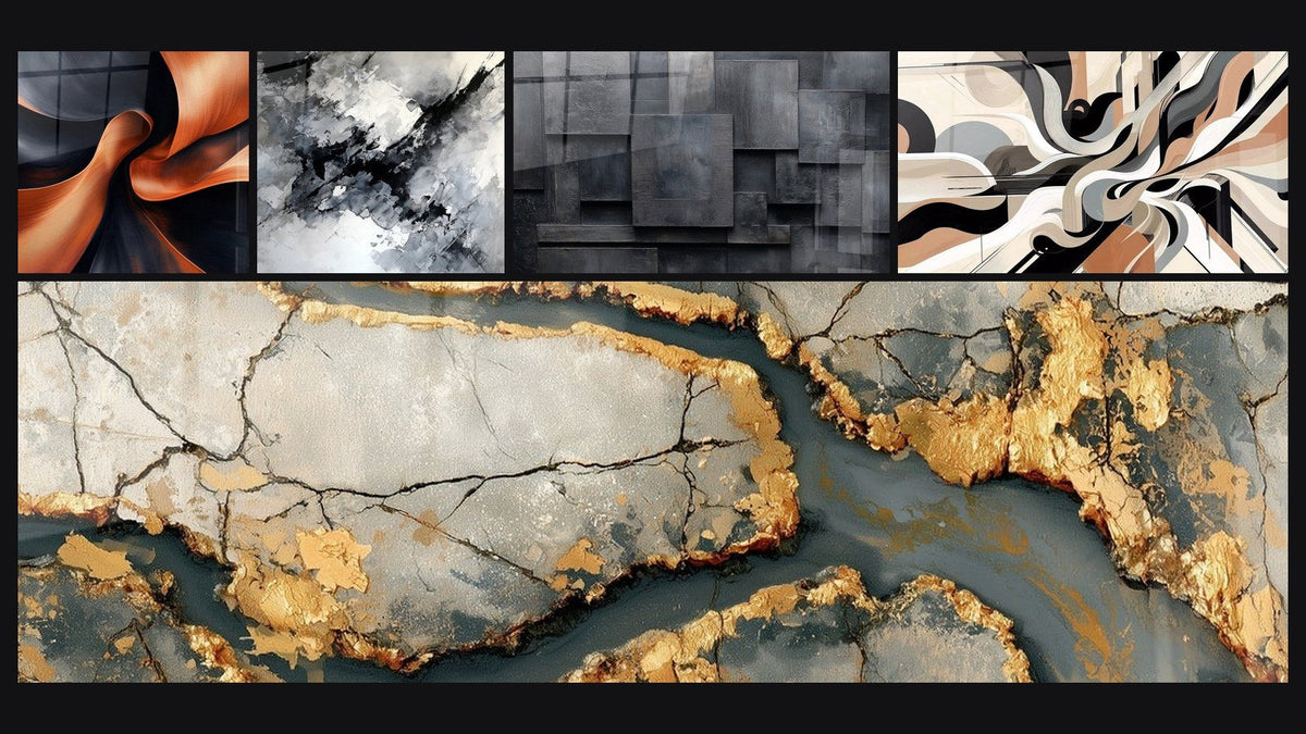 Mosaico di cinque quadri, tra cui Slancio Scultoreo Ramato, Marmo dorato con venature antracite e Vibrazioni Grafiche