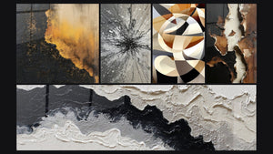 Mosaic of five paintings, including Interlaced Circular Shapes