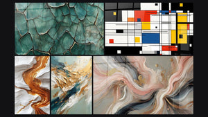 Mosaic of five paintings, including Fractured Earth, Colorful geometric composition and Golden Flux and Reflux