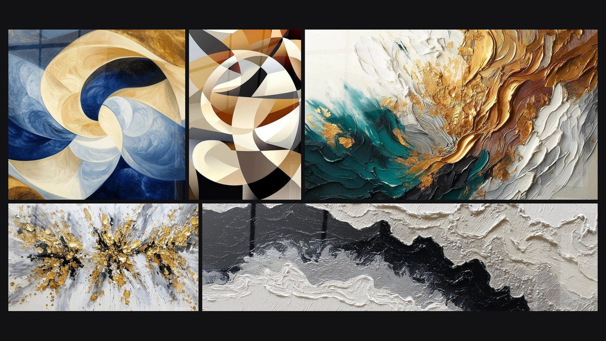 Mosaïque de cinq tableaux, dont Souffle Divin Blanc et Explosion dorée et grise sur fond blanc