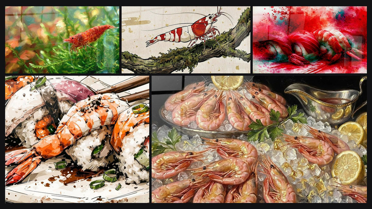 Mosaïque de cinq tableaux, dont Crevette Rouge sur Fond Aquatique Végétal et Nigiri crevette rouge et blanc éclaboussé