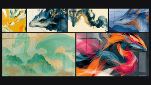 Mosaic of six paintings, including Yellow and White Head with Long Whiskers and Dragon Smoke Blue Petrol and Gold Waving