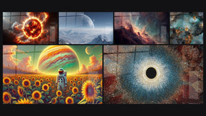 Mosaïque de six tableaux, dont Fureur Solaire, Espace N°4 et Planète extraterrestre