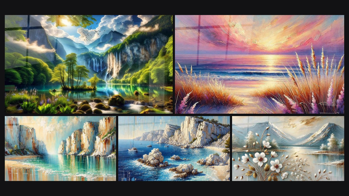 Mosaik aus fünf Gemälden, darunter Eden Grün mit Tausend Kaskaden, Schönheit des Abends und Tafel Strand der Träume