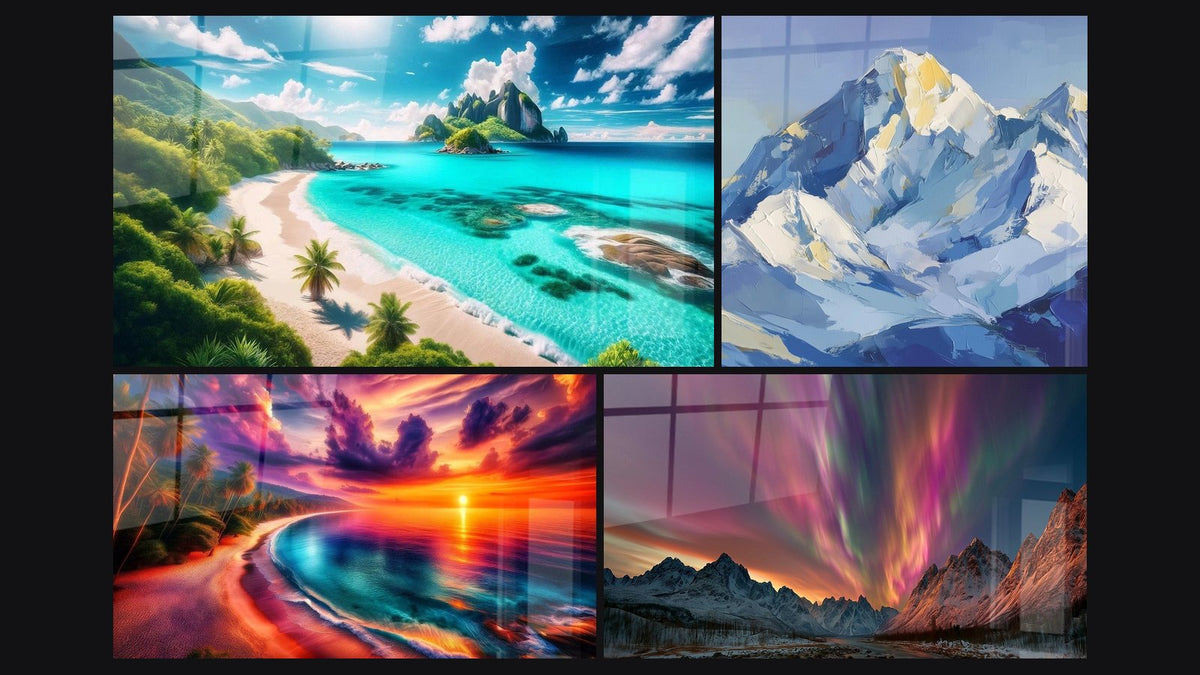 Mosaic of four paintings, including Serenity of Crystal Waters Landscape, Flaming Twilight Seaside and Snowy Peak