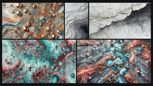 Mosaico de cinco cuadros, entre ellos Mosaico de Cobre, Esencia de Granate y Textura Mural Agrietada Blanco y Gris