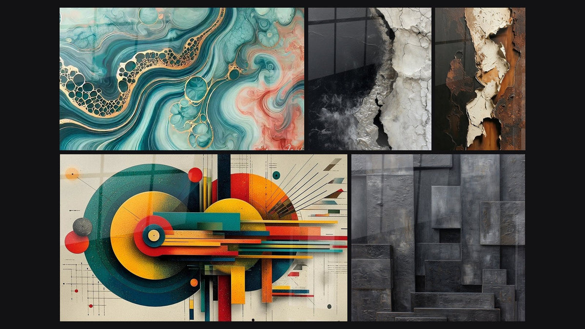 Mosaico di cinque quadri, tra cui Marea di Acquerello e Geometrico Energia Concentrica