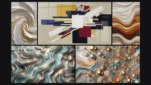Mosaico de cinco cuadros, entre ellos Curvas Etéreas, Composición Geométrica Tensión Creativa y Mosaico de Cobre