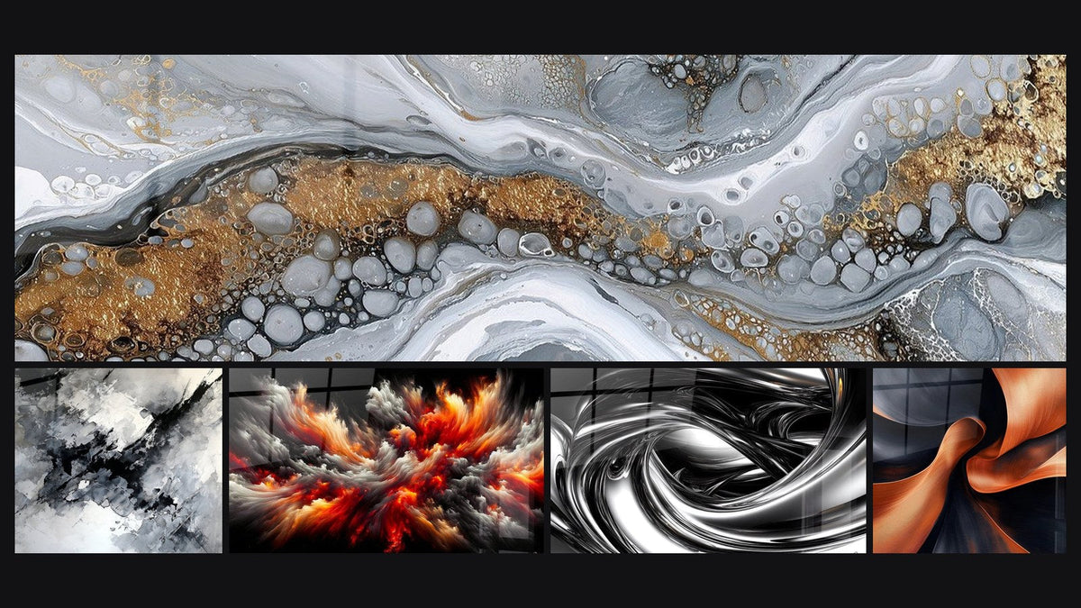 Mosaic of five paintings, including Fluid Abstract Wall Art Gray and Gold, Solar Storm Abyss and Metallic Whirlpool