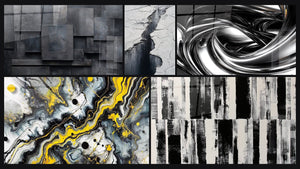 Mozaïek van vijf schilderijen, waaronder Abstract geometrisch grijs kolen zwart en Gletscher Scheur Grijs en Zwart