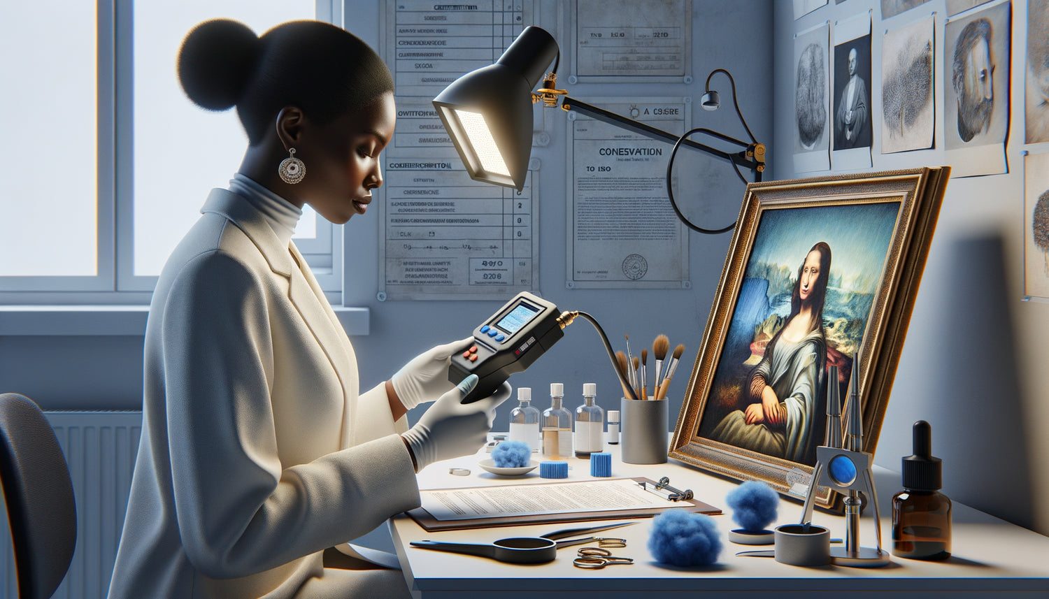 Conservatrice examinant un tableau sous lumière LED contrôlée avec échelle Blue Wool et équipement de mesure ISO