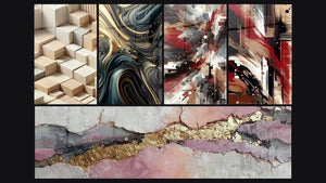 Mosaïque de cinq tableaux, dont Minimalisme Sculpté, Ondulations Opulentes et Bruit Dynamique Explosive