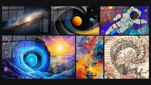 Mosaïque de six tableaux, dont Galaxie Spirale, Vortex cosmique et Galaxie Spirale Cosmique