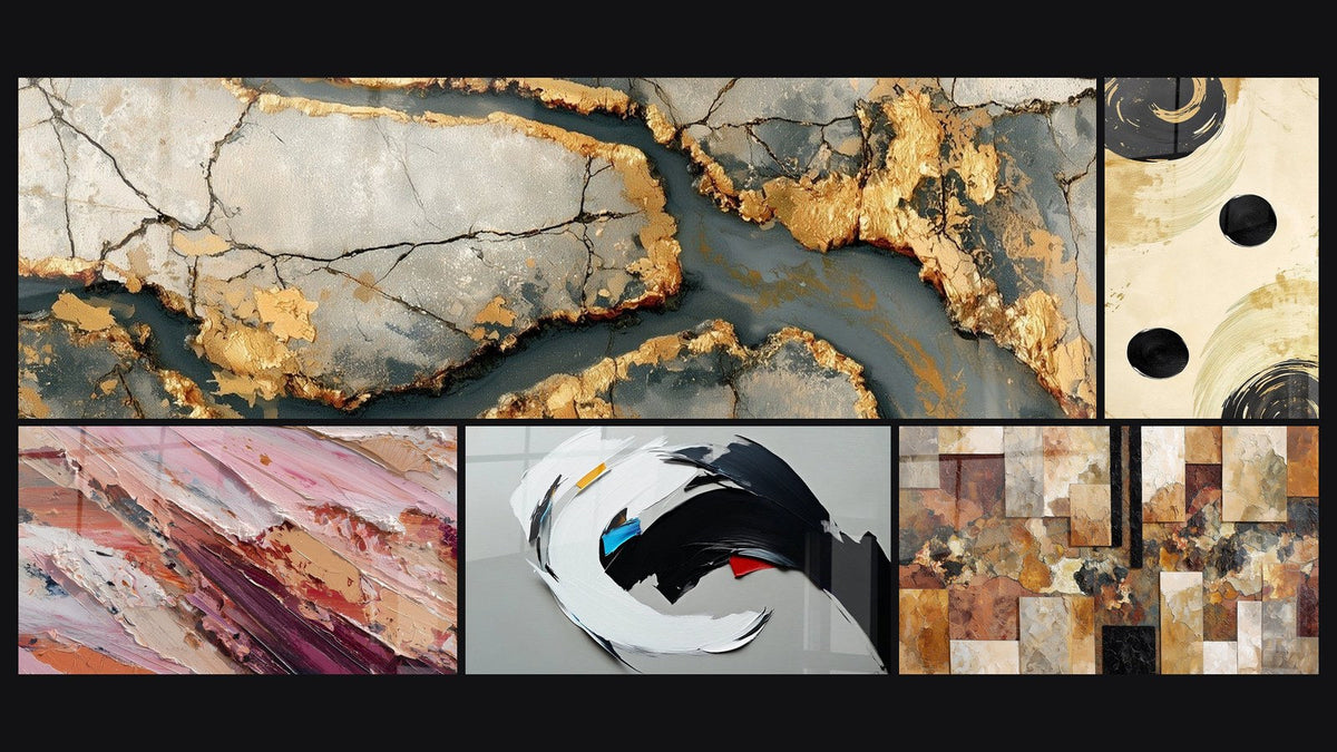 Mosaico de cinco cuadros, entre ellos Mármol Dorado con Grietas Antracita y Abstracto en tonos rosas y tierra