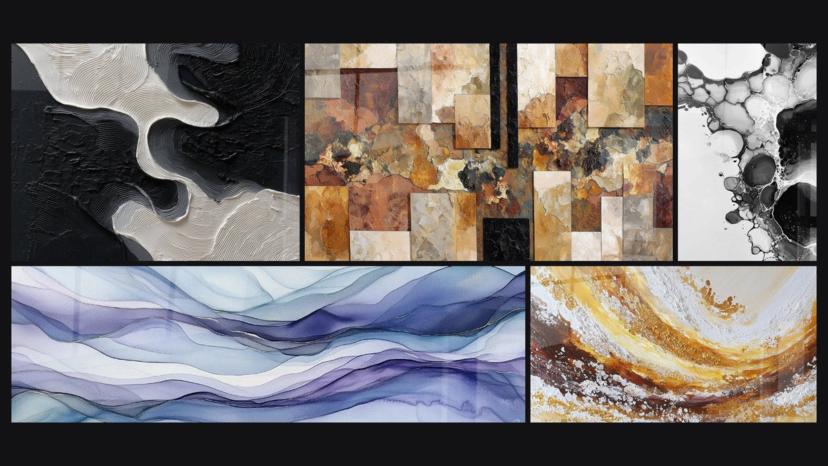 Mosaic of five paintings, including Dreamy Scrolls Periwinkle and Bubble Abstract